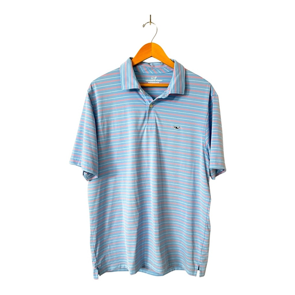 Vineyard Vines Men's Light Blue and White Striped Polo large